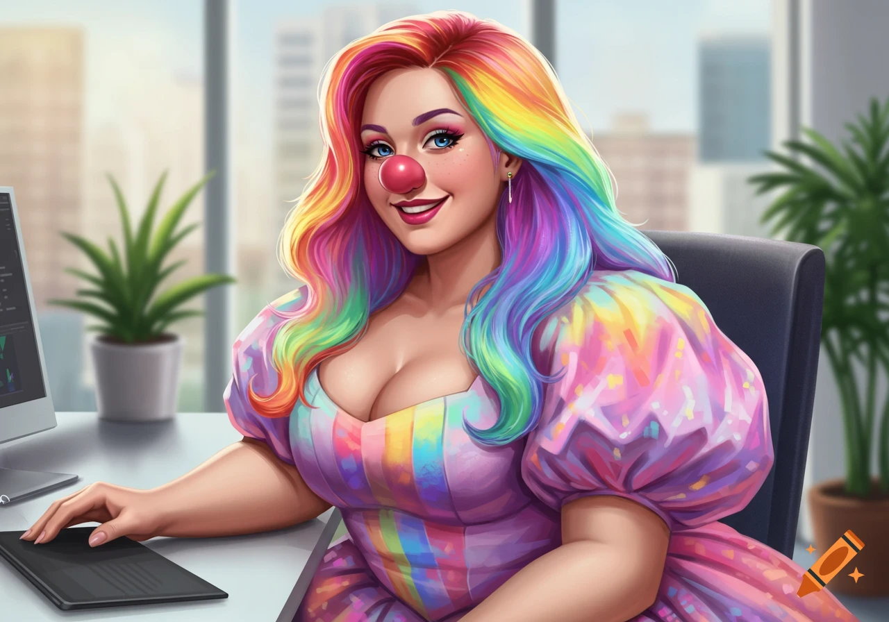 Digital art of a woman with long rainbow hair, red clown nose, and puffy rainbow dress, sitting at an office desk.