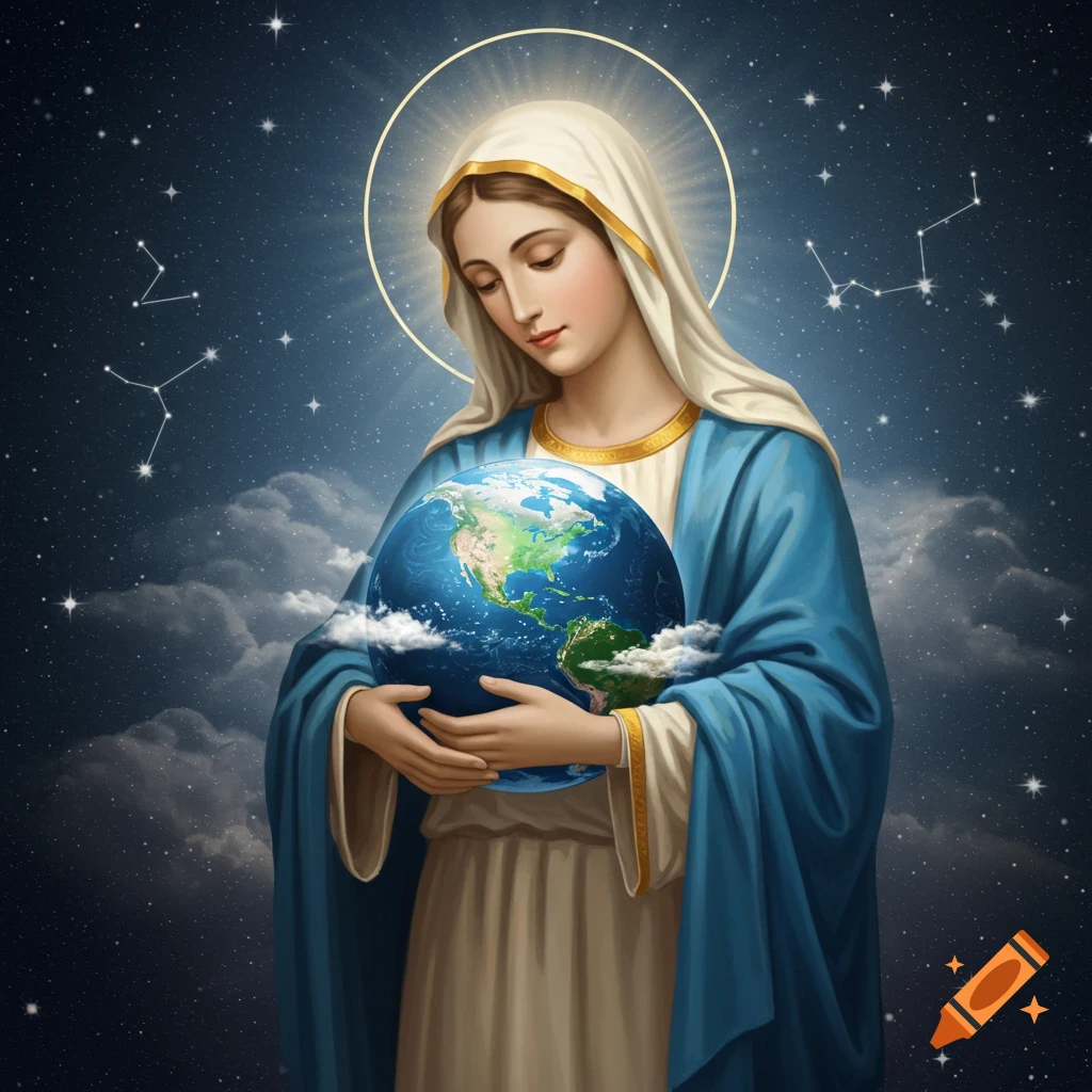 The Virgin Mary, with a halo, gently holds the Earth against a starry night sky, rendered in a beautiful painting style.