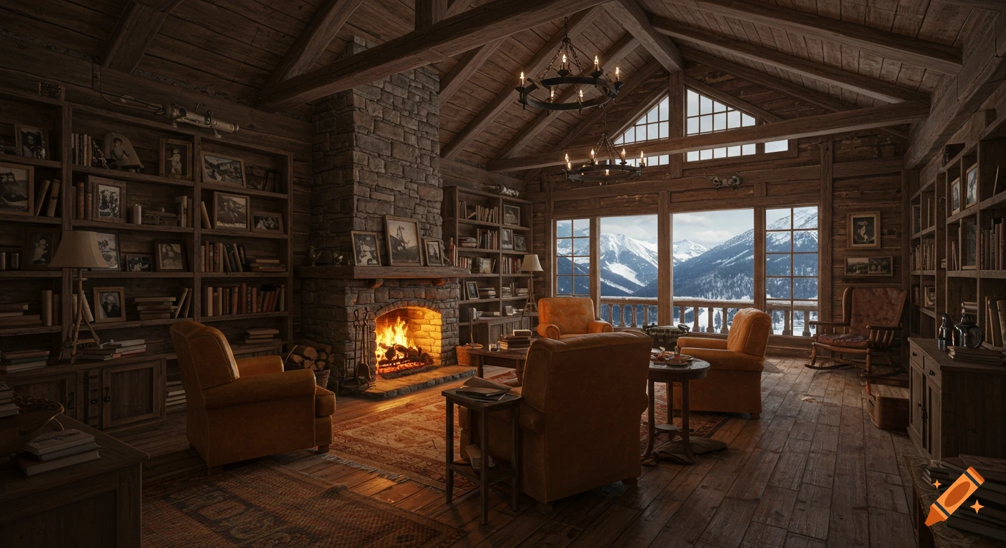 A photorealistic wide-angle view of a cozy, rustic wood cabin interior with a lit fireplace, bookshelves, and armchairs, overlooking snowy mountains.
