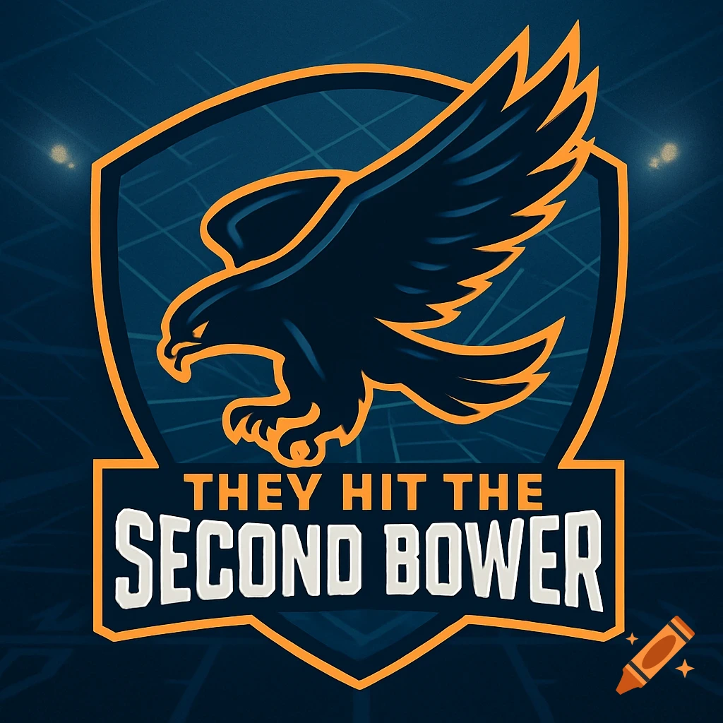 Dark blue and orange NFL fantasy team logo with an eagle inside a shield and the text 'THEY HIT THE SECOND BOWER'.