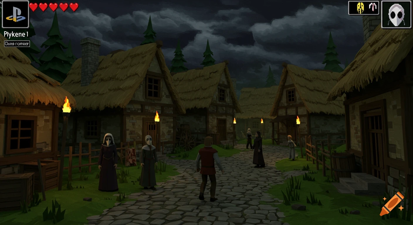 PS1-style low-poly medieval village at night with plague doctors and game UI, viewed from player's perspective.
