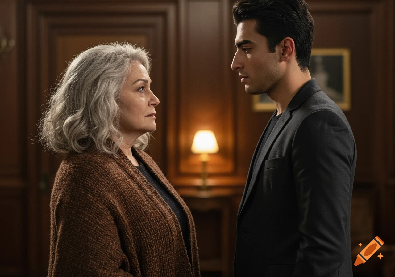 An older woman with gray hair and a younger man with dark hair look intently at each other in a wood-paneled room.