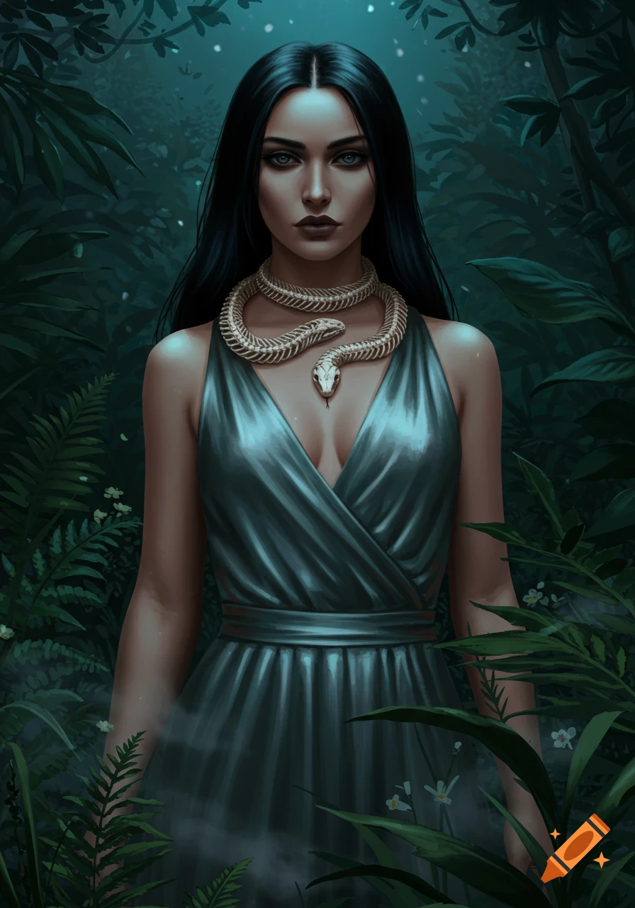 A mysterious woman with long dark hair, wearing a teal dress and a snake skeleton necklace, stands in a dark jungle.