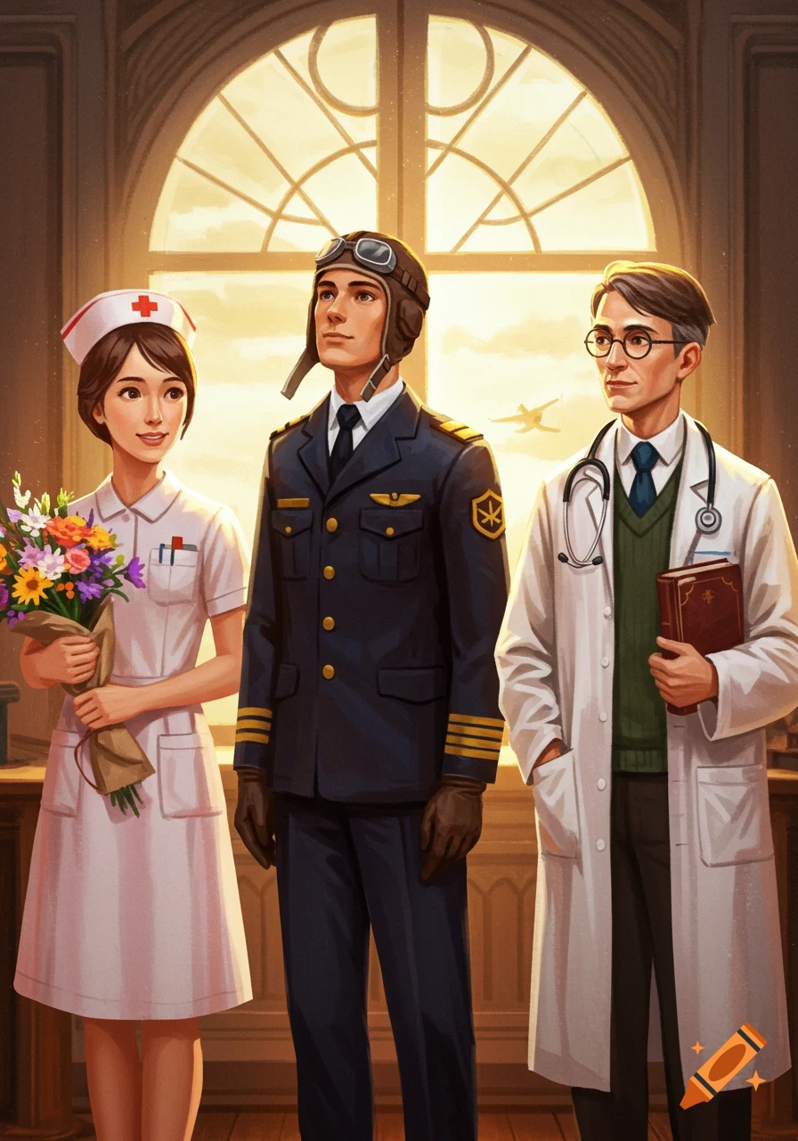 An illustration of a nurse holding flowers, a pilot, and a doctor holding a book, standing in front of an arched window.