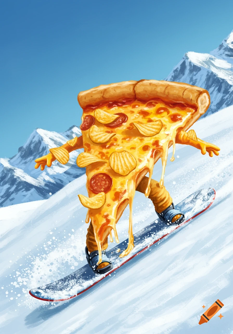 A cartoon pizza slice with pepperoni and potato chips, wearing gloves and pants, snowboarding down a snowy mountain.