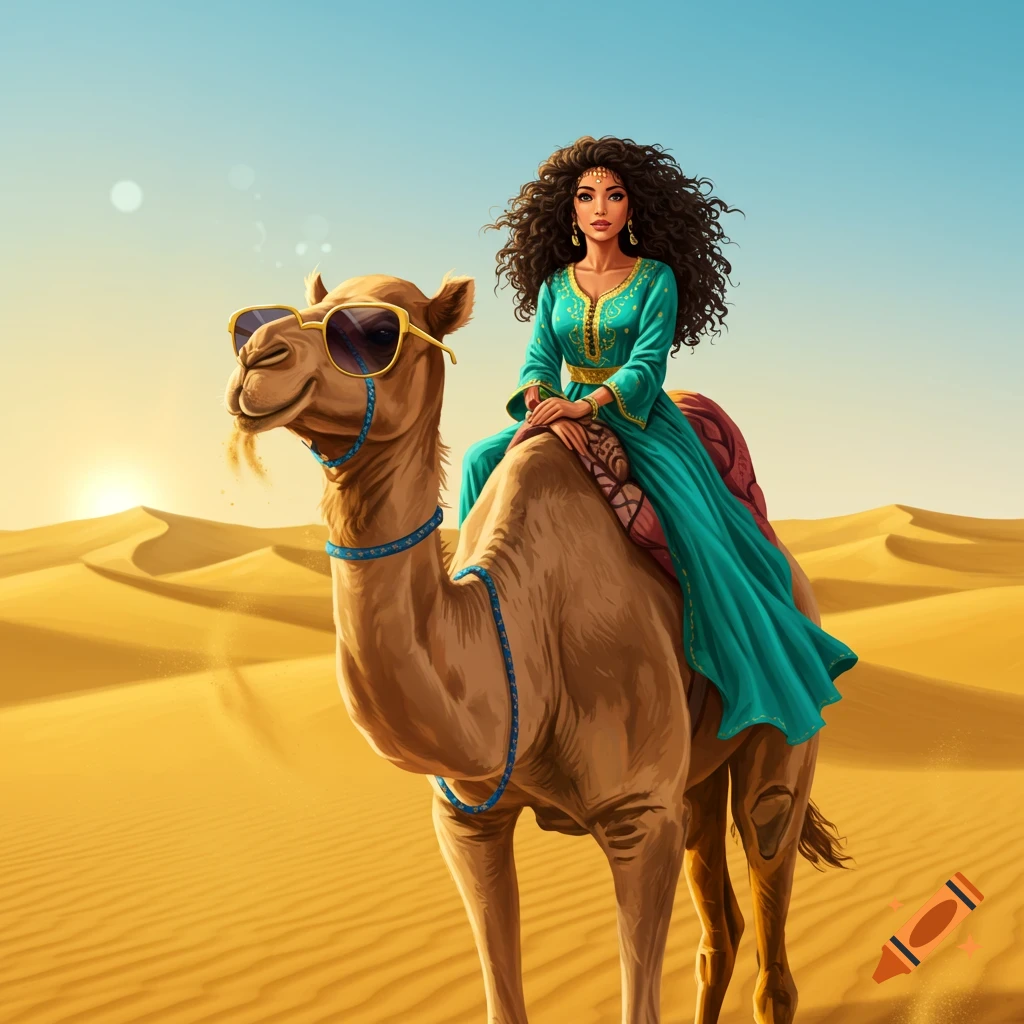 Stylized illustration of an Arab girl with curly hair in a teal dress riding a camel wearing sunglasses in a sunny desert.