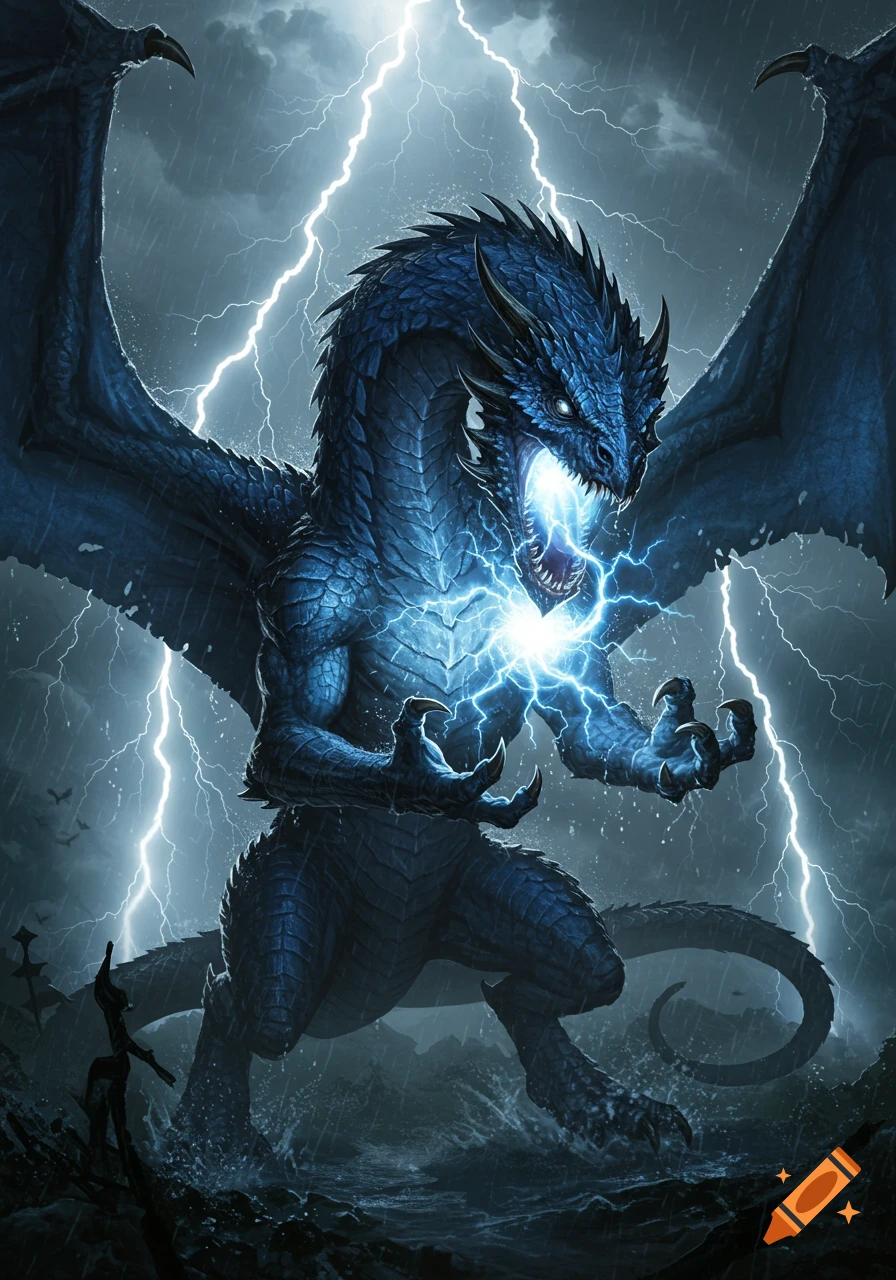 Digital painting of an immense blue dragon roaring in a violent lightning storm, gathering crackling electrical energy.