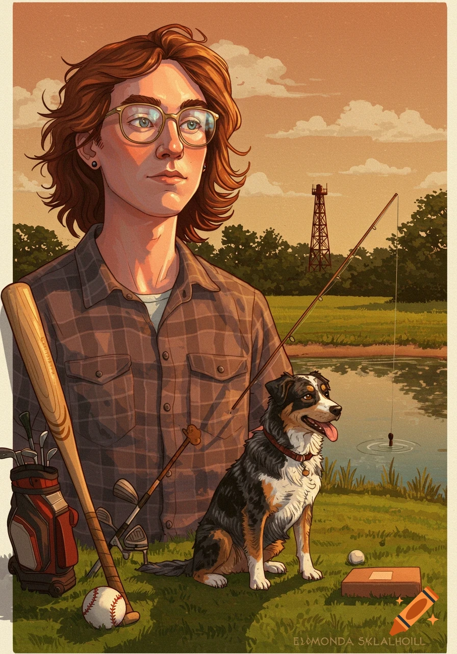 Illustrated portrait of a person with brown hair and glasses, a dog, baseball bat, and fishing rod by a pond, with an oil well in the background.