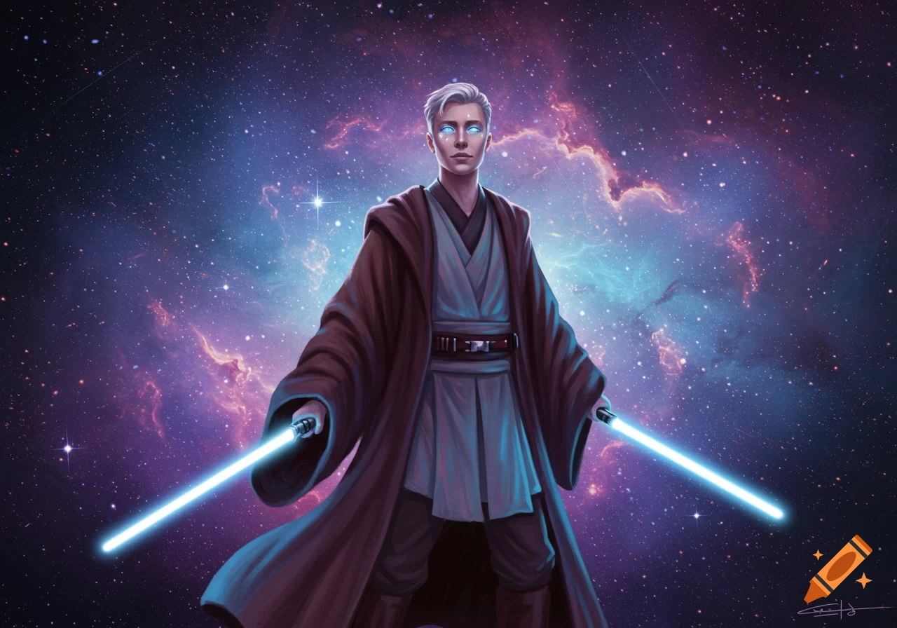 Illustrated male Jedi master with white hair and glowing eyes, holding two blue lightsabers against a vibrant purple and blue galaxy background.
