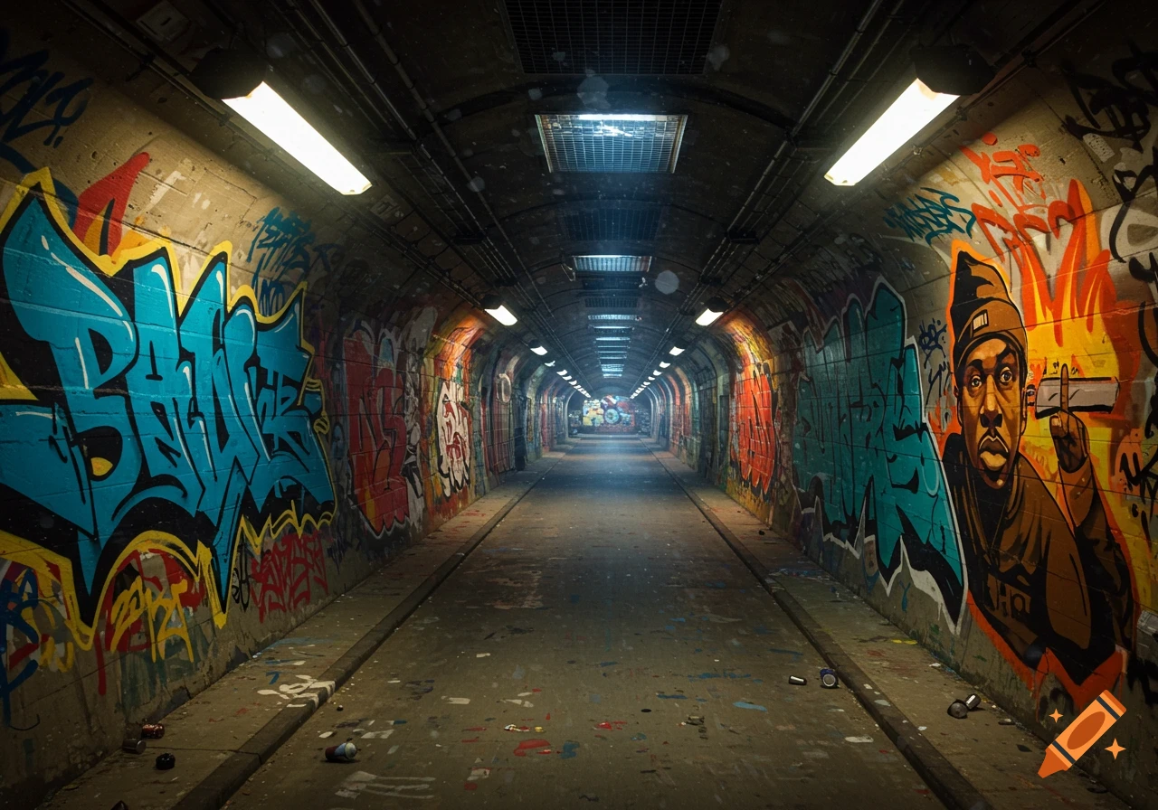 A long, dark tunnel with colorful graffiti covering both walls, illuminated by overhead fluorescent lights and a faint light at the far end. The floor is covered in debris and cans. A large, stylized image of a man in a beanie is on the right wall.