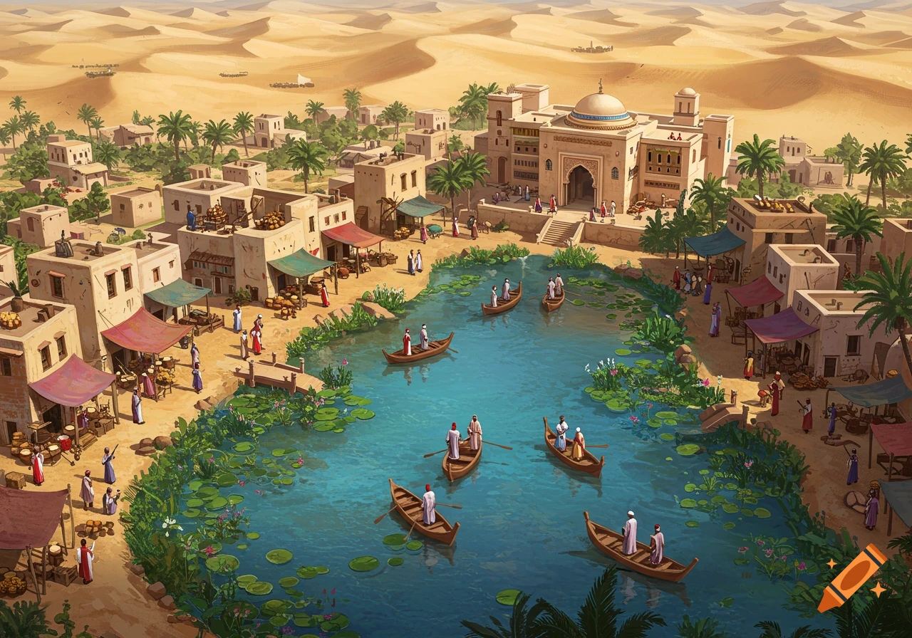 An illustrated, vibrant aerial view of a bustling desert oasis town with a large central pond, boats, market stalls, and palm trees surrounded by sand dunes.