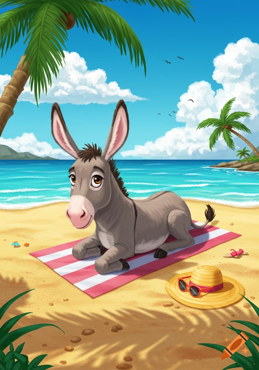 Cartoon donkey lies on a red and white striped towel on a sandy beach under a palm tree, with the blue ocean in the background.
