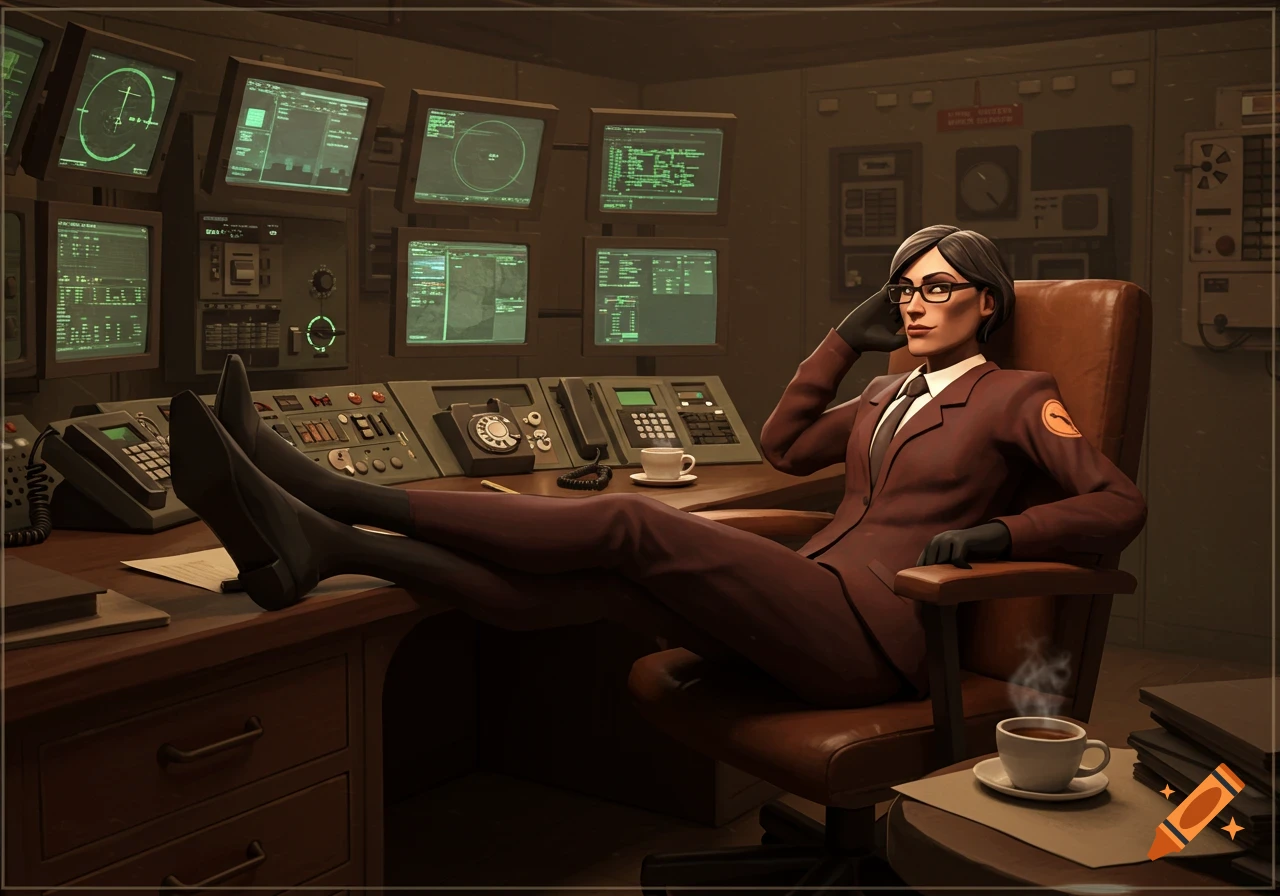 Team Fortress 2 Administrator in a control room, sitting with her feet propped on the desk, surrounded by monitors.