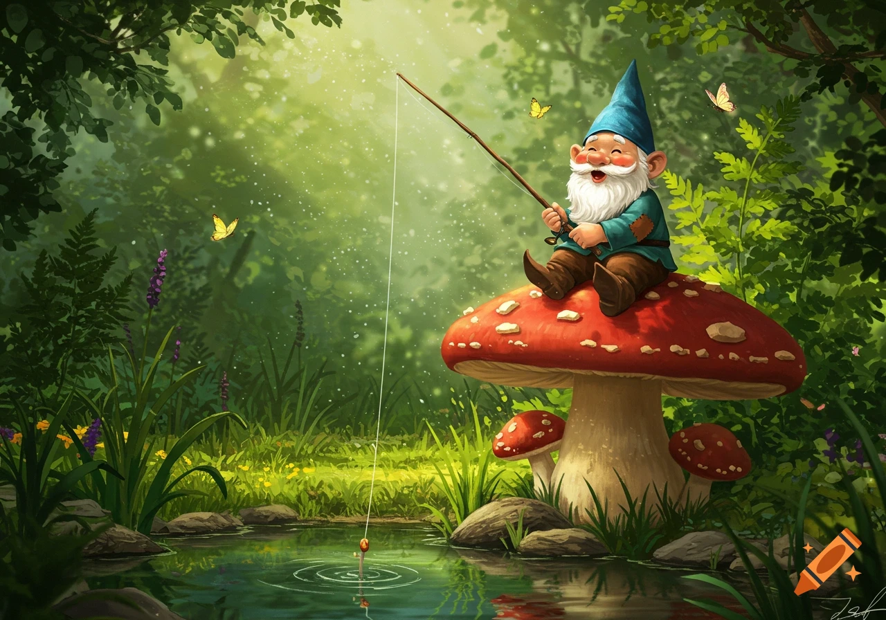 A happy garden gnome with a blue hat and white beard sits on a large red toadstool, fishing in a pond in a sun-dappled forest.