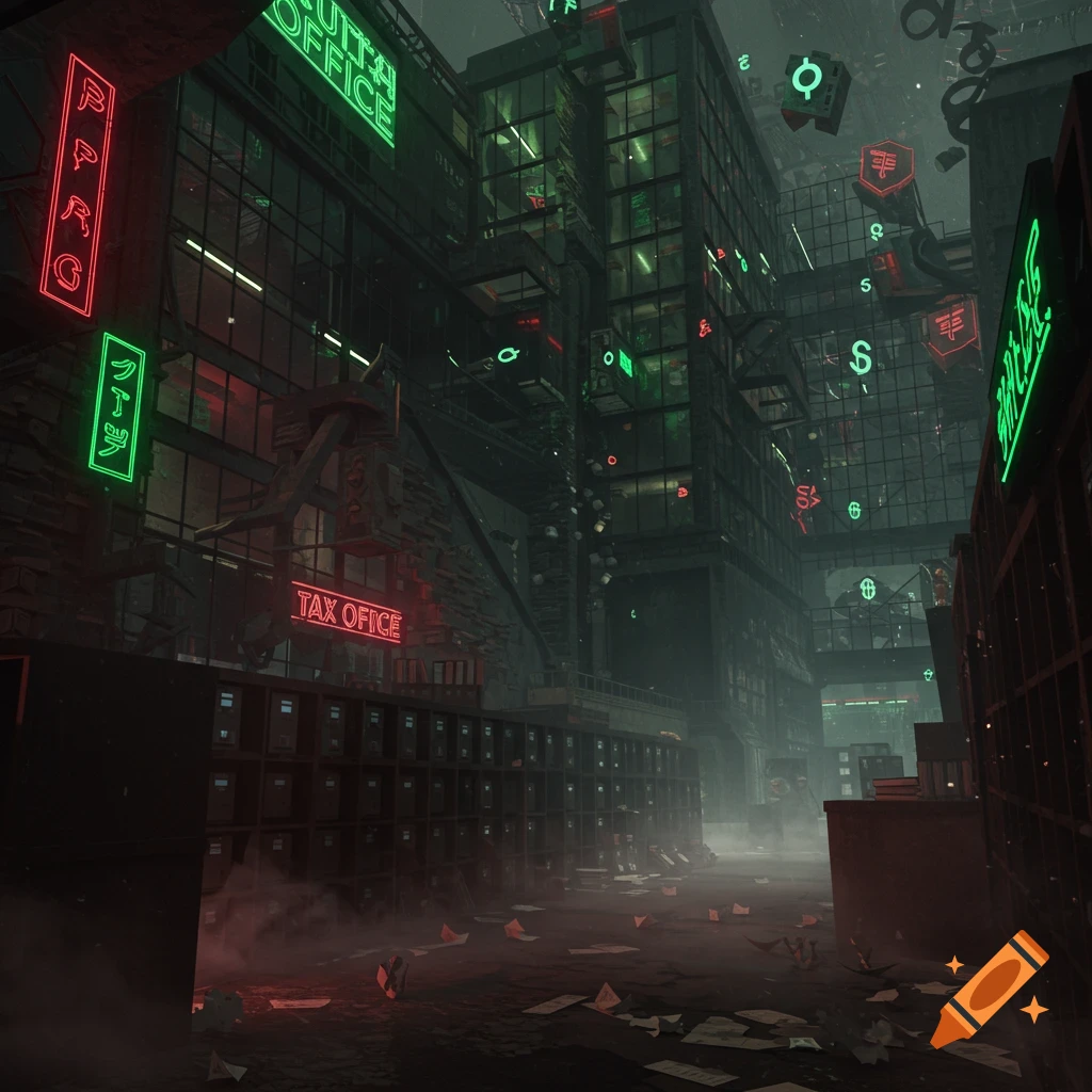 A dark, misty cyberpunk cityscape with towering buildings, glowing neon signs like 'TAX OFFICE', and scattered papers on the ground.