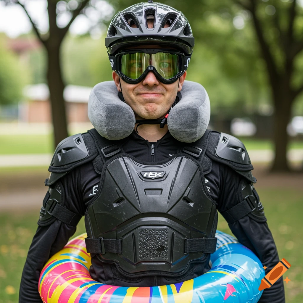 Man in a park wearing a cycling helmet, goggles, neck pillow, body armor, and an inflatable swimming ring around his waist.