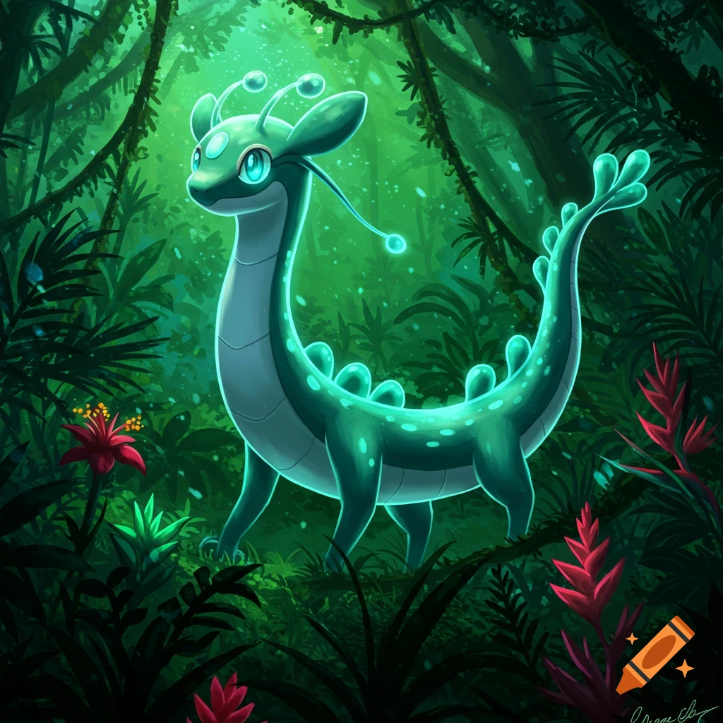 A glowing blue-green creature with large eyes and antennae in a lush, dark jungle.