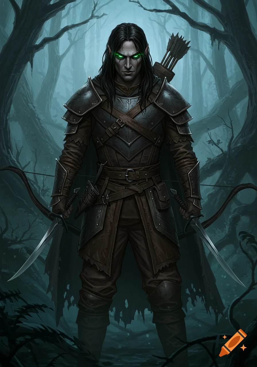 A dark fantasy ranger with long black hair and glowing green eyes, wearing worn leather and plate armor, holding two swords and a bow, standing in a misty, dark forest.