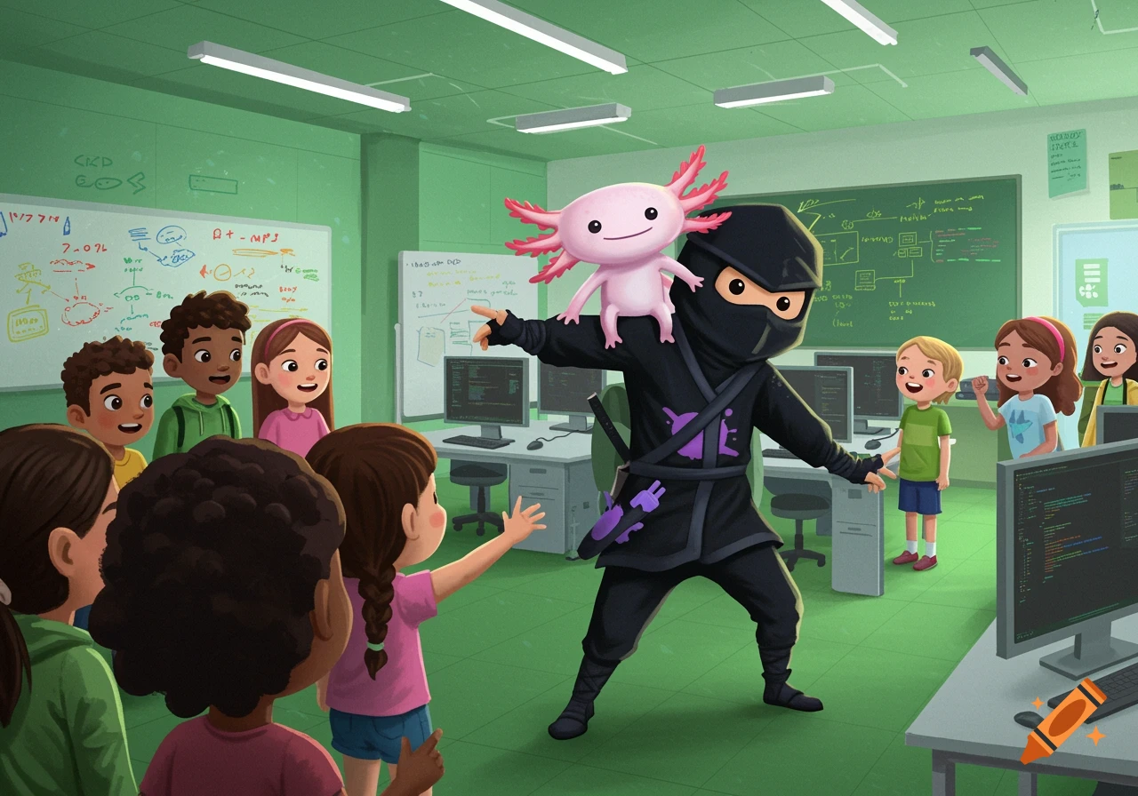 A cartoon ninja with a pink axolotl on his shoulder teaches a class of diverse children in a green-walled classroom with computers and whiteboards.