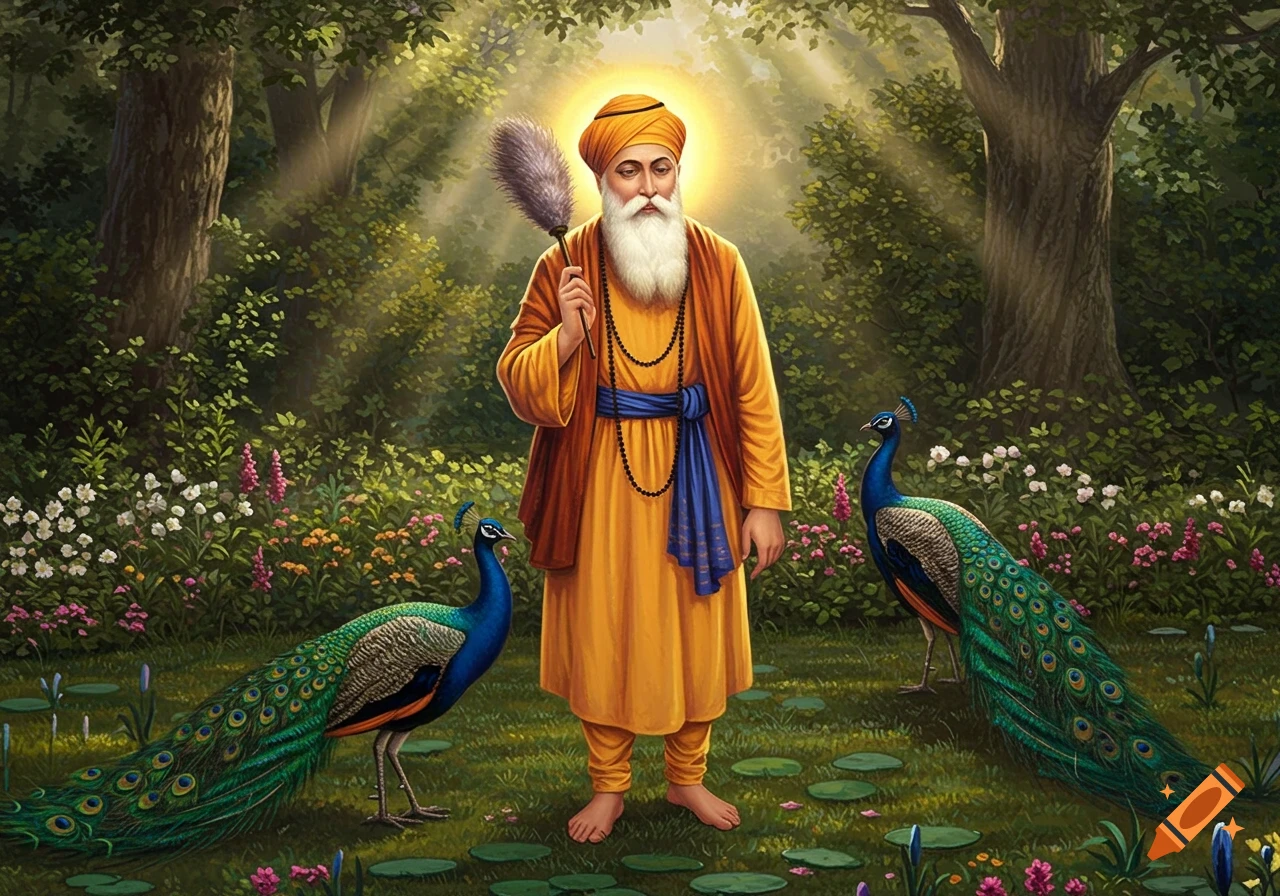 Detailed illustration of Guru Nanak Dev Ji with a glowing halo, holding a feather duster, flanked by two peacocks in a vibrant garden.
