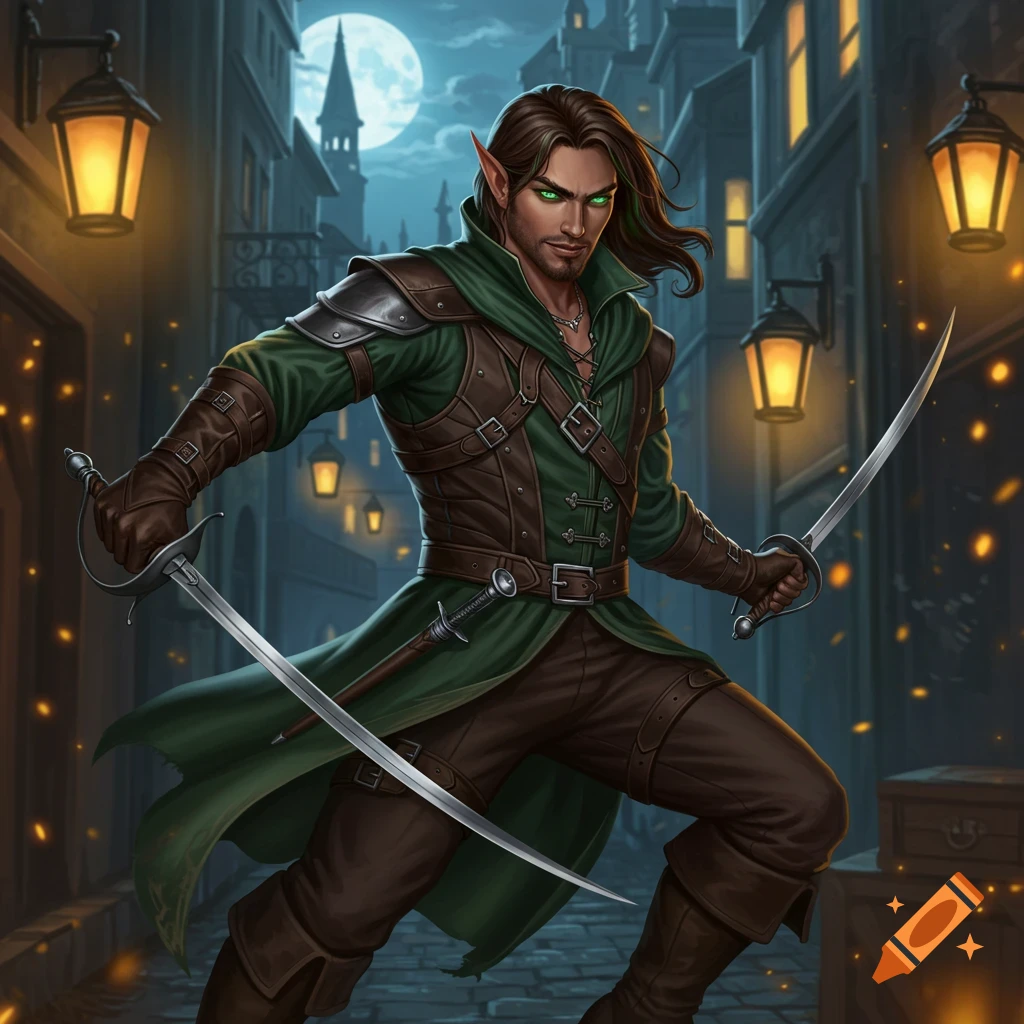 A male elf rogue with emerald eyes stands in a dark alley, holding two rapiers, under a full moon and lantern light. Detailed fantasy art.