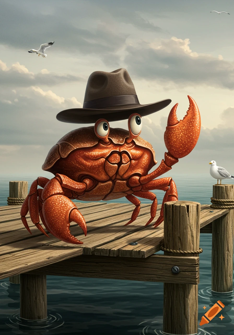 A whimsical cartoon crab in a fedora hat stands on a wooden pier by the sea, with seagulls in the cloudy sky.