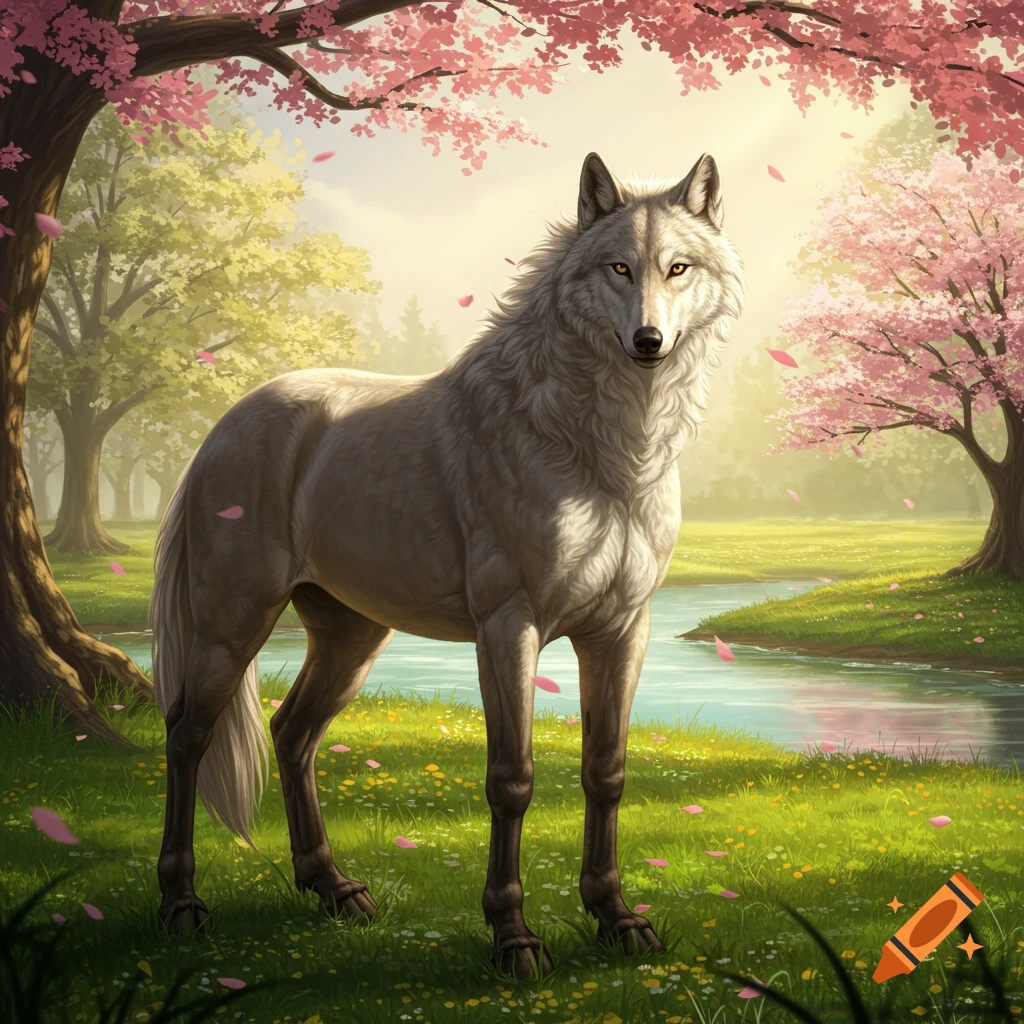 A mythical wolf-horse hybrid stands in a lush green meadow with pink cherry blossom trees and a tranquil river under a soft sunlit sky.
