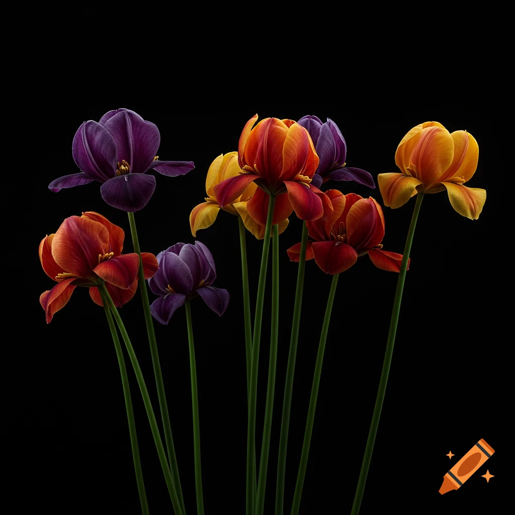 A vibrant still life featuring purple, orange, red, and yellow irises with long green stems against a black background.