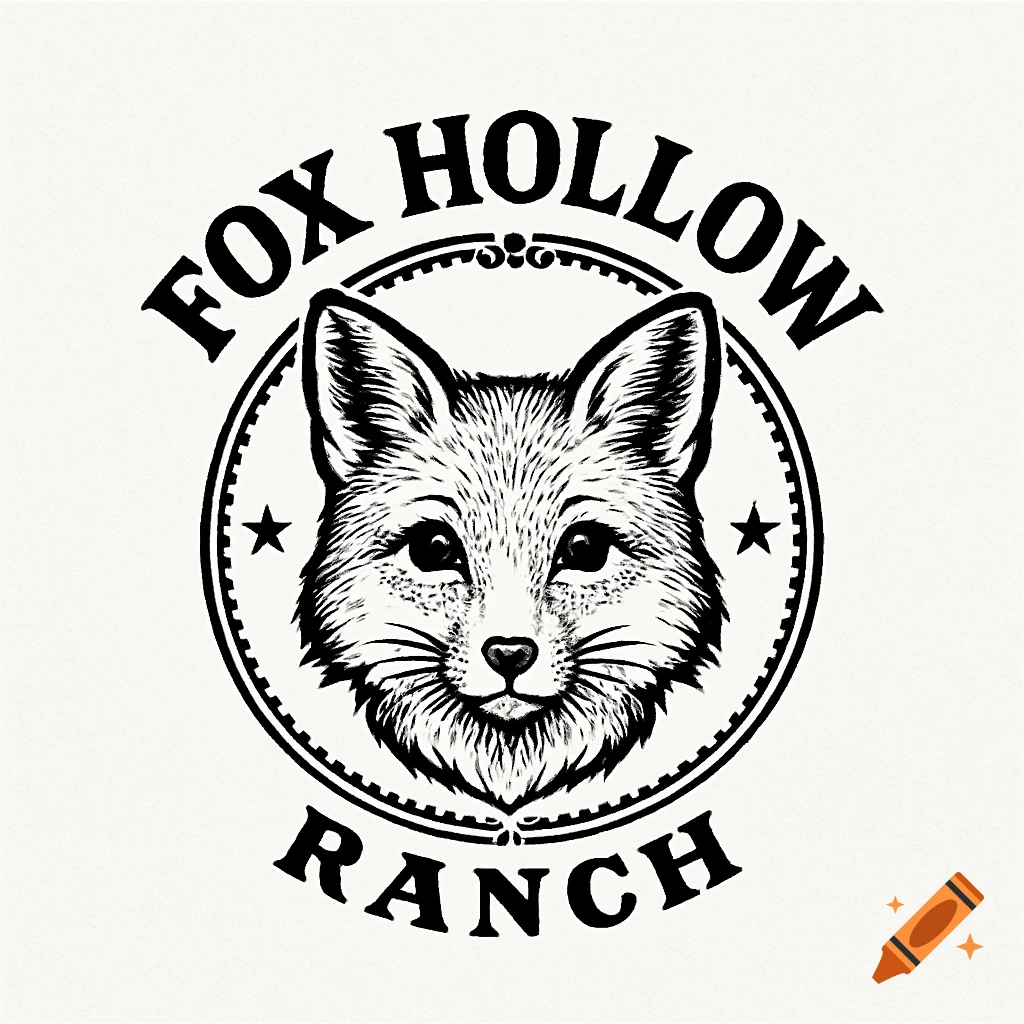 Black and white vintage-style logo featuring a fox head in a circle with "Fox Hollow Ranch" text.