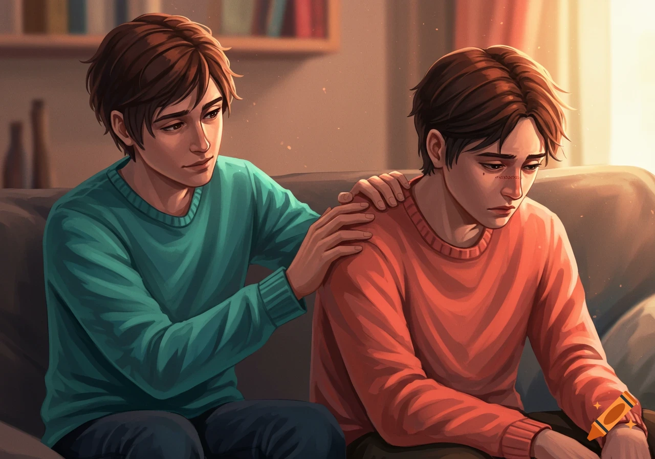 Two young men in teal and coral sweaters on a couch, one comforting the other, in a warm digital art style.