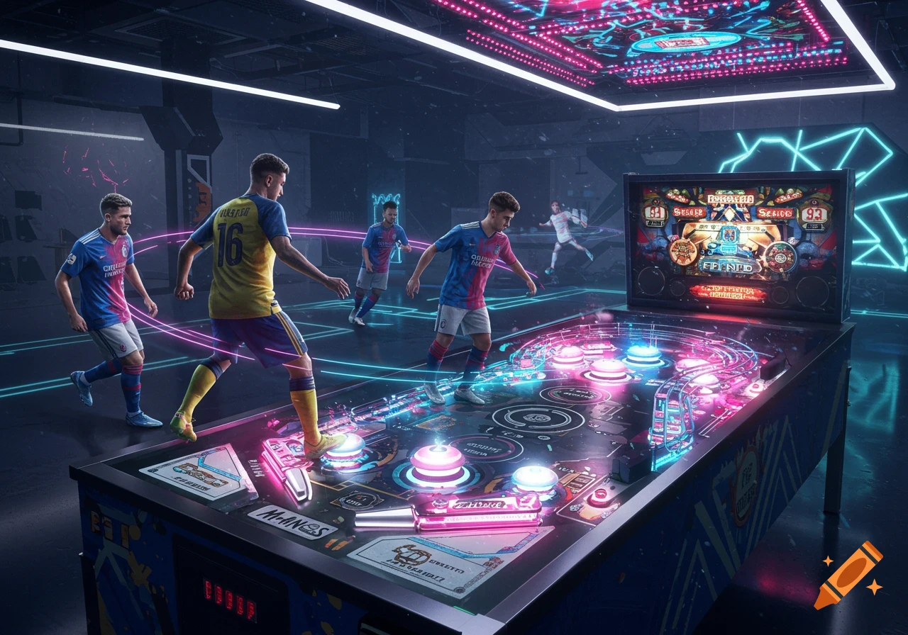 Soccer players in colorful uniforms play a futuristic, neon-lit pinball machine in a dark, high-tech arcade setting.