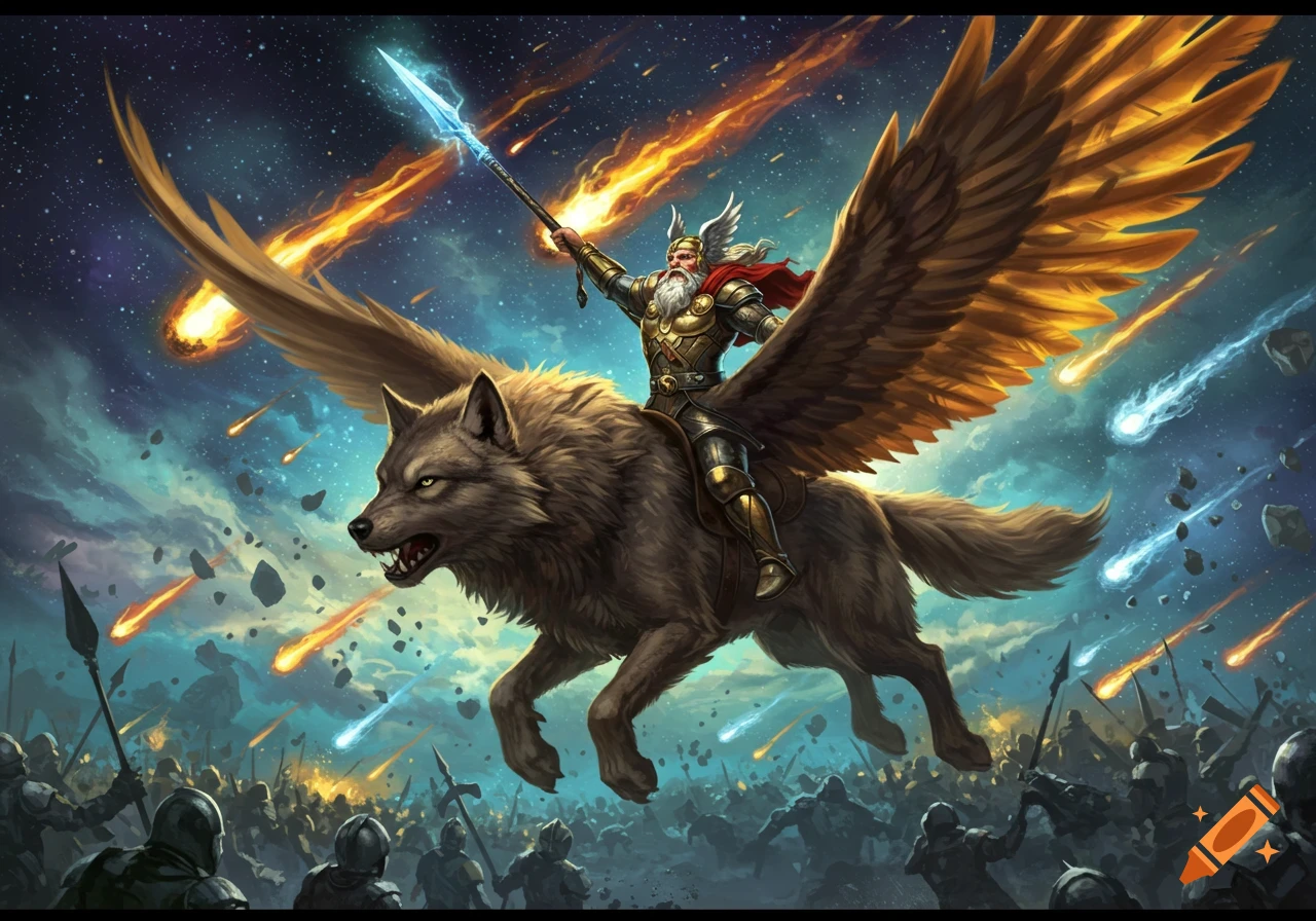 Odin, armed with a spear, rides a winged wolf through a starry sky filled with fiery meteors and an army below, fantasy art.
