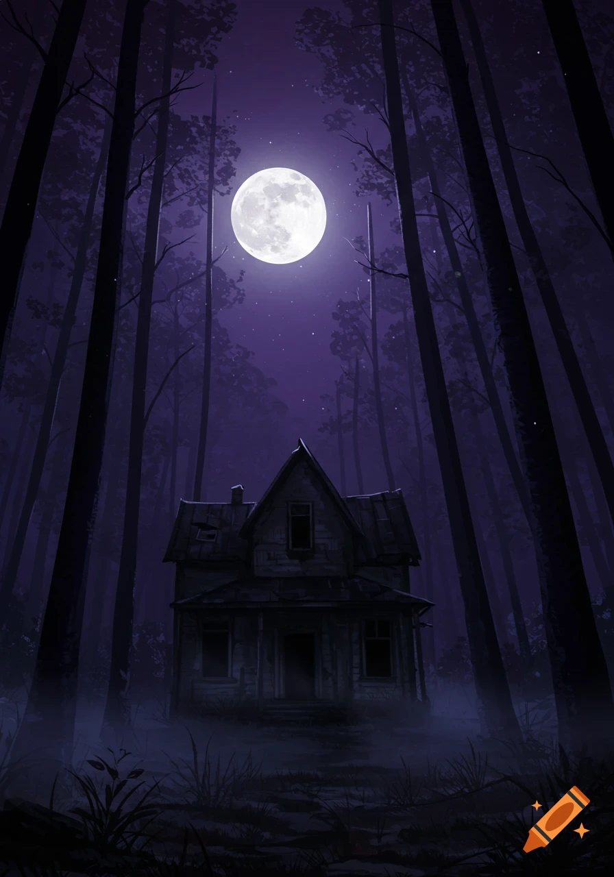 A stylized illustration of a dilapidated house in a dark forest under a bright full moon, with tall trees silhouetted against a purple night sky.