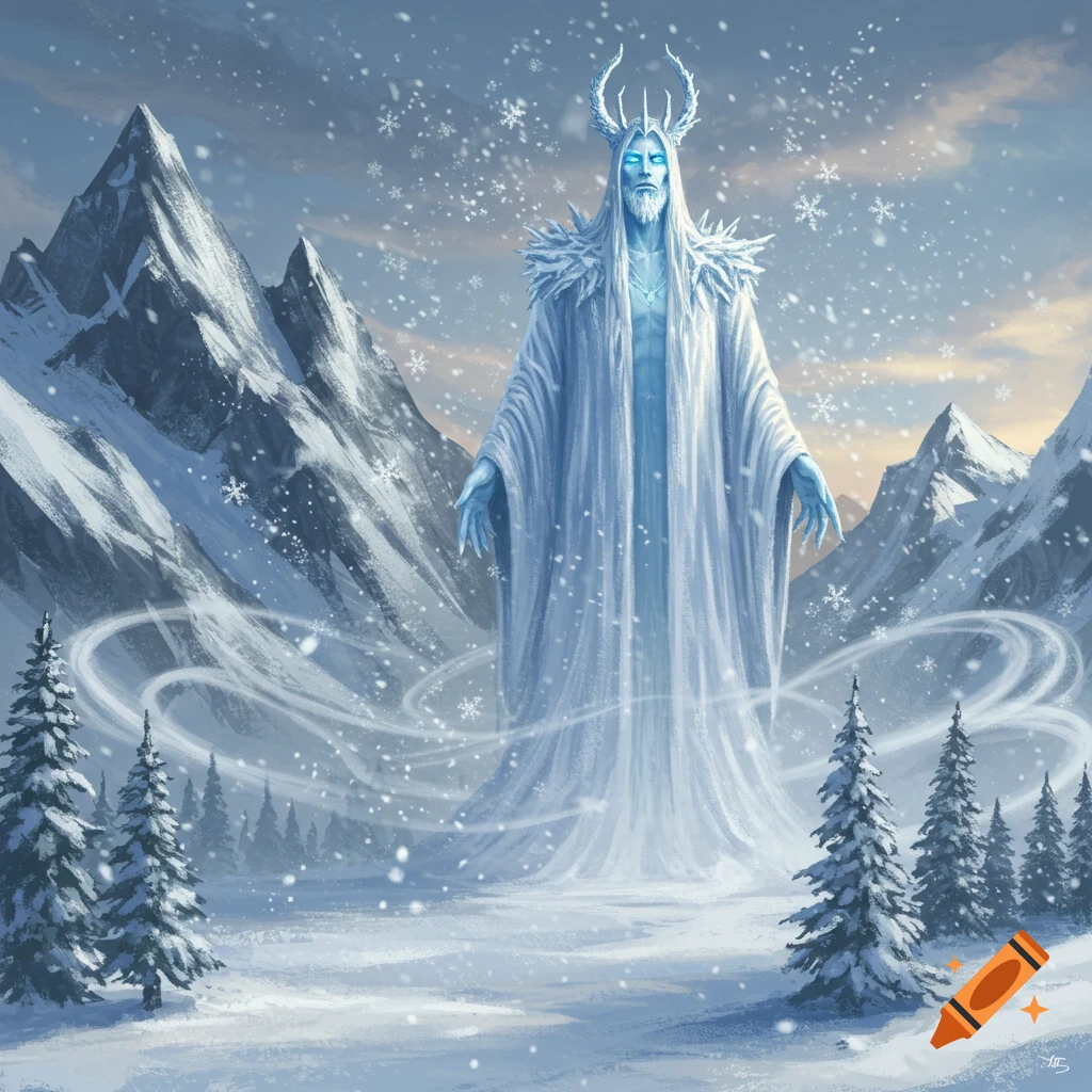 A majestic ice god with glowing blue eyes and a crown stands in a snowy mountain landscape with pine trees and falling snowflakes.