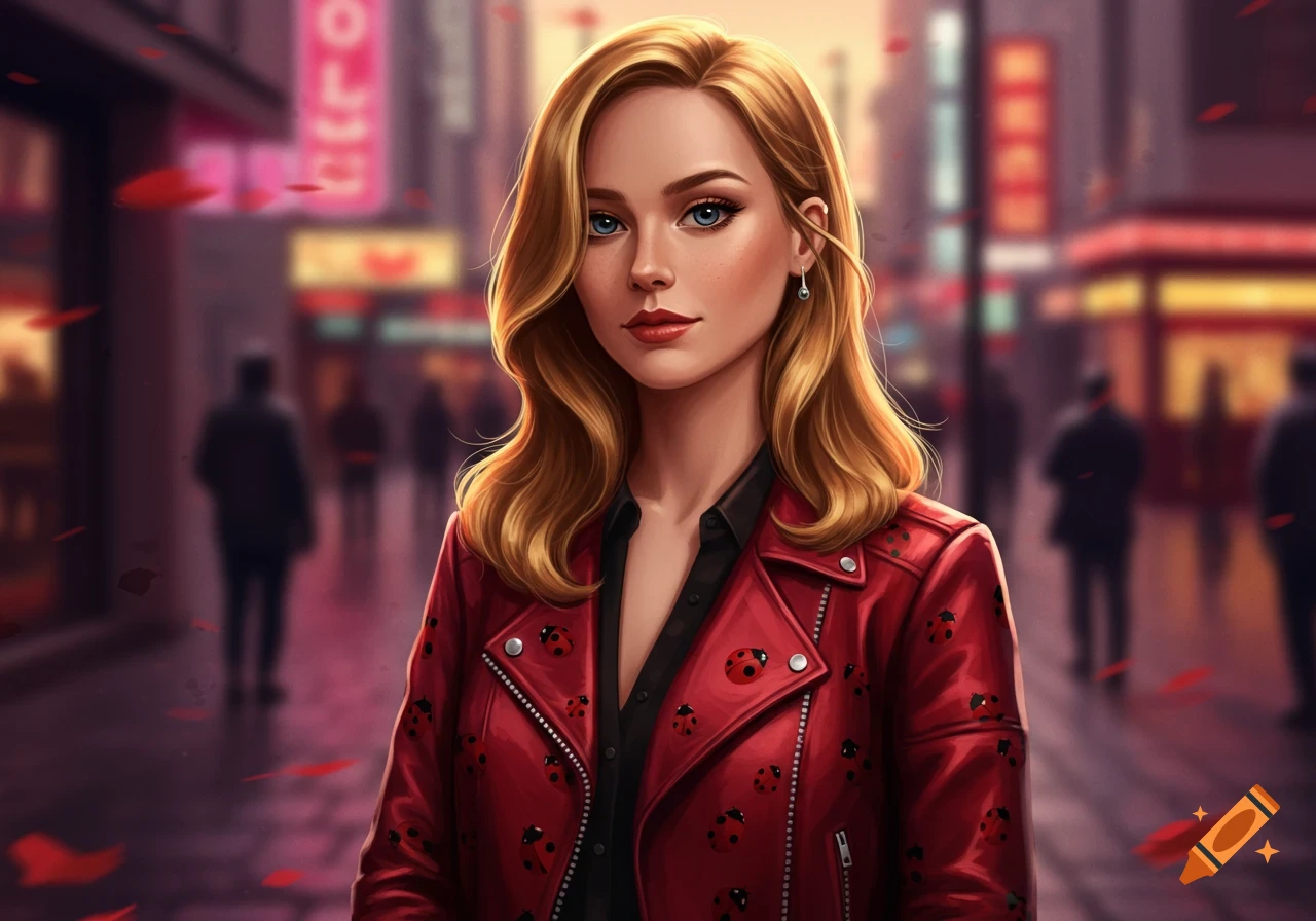 Digital art portrait of a blonde woman with blue eyes wearing a red ladybug-patterned jacket on a blurred city street.