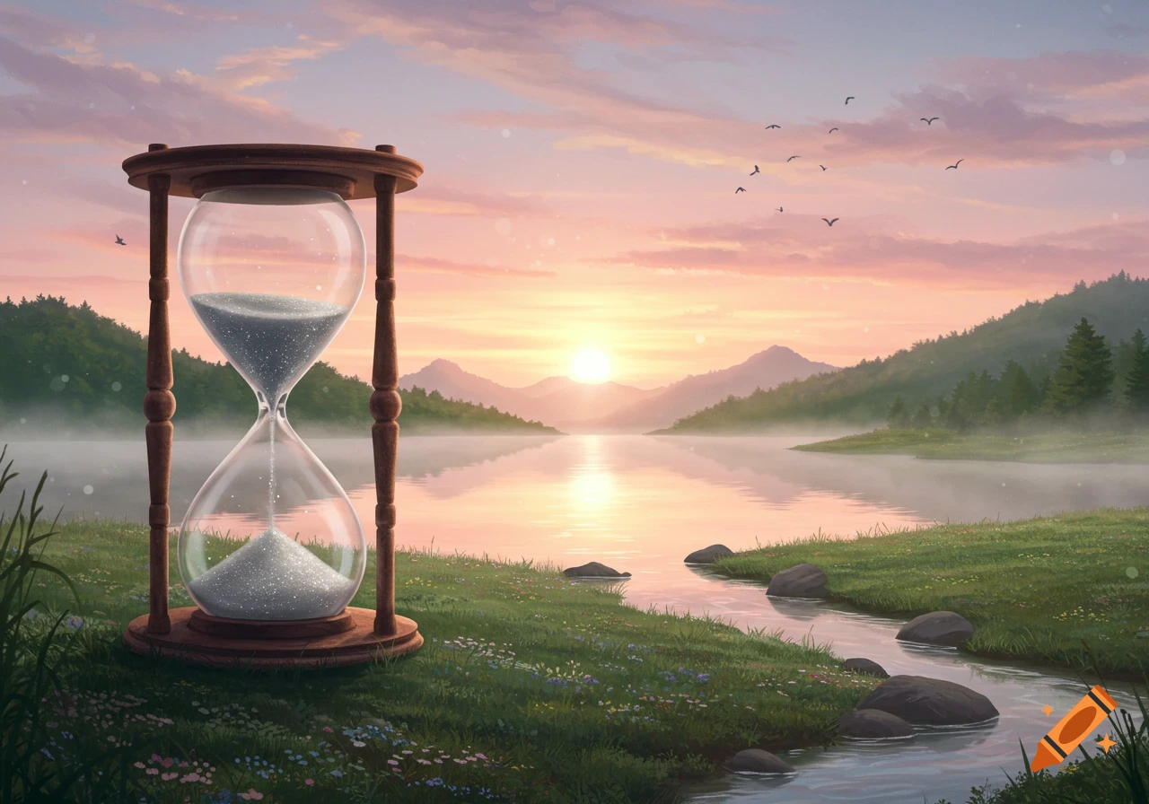 A large hourglass stands on grassy ground beside a tranquil lake and stream, reflecting a vibrant sunrise over misty mountains.
