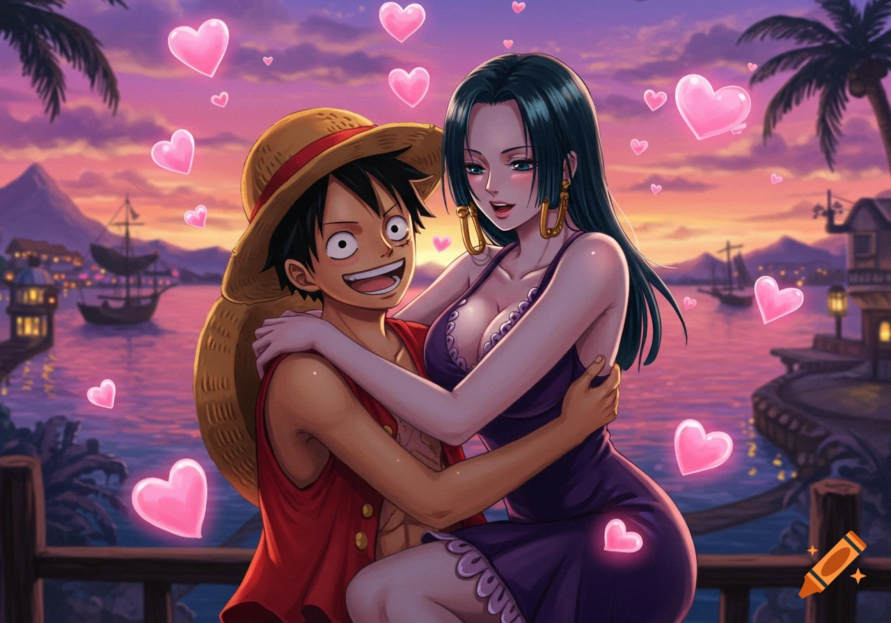 Anime characters Luffy and Hancock embrace amidst floating hearts during a tropical sunset, with a harbor town in the background.