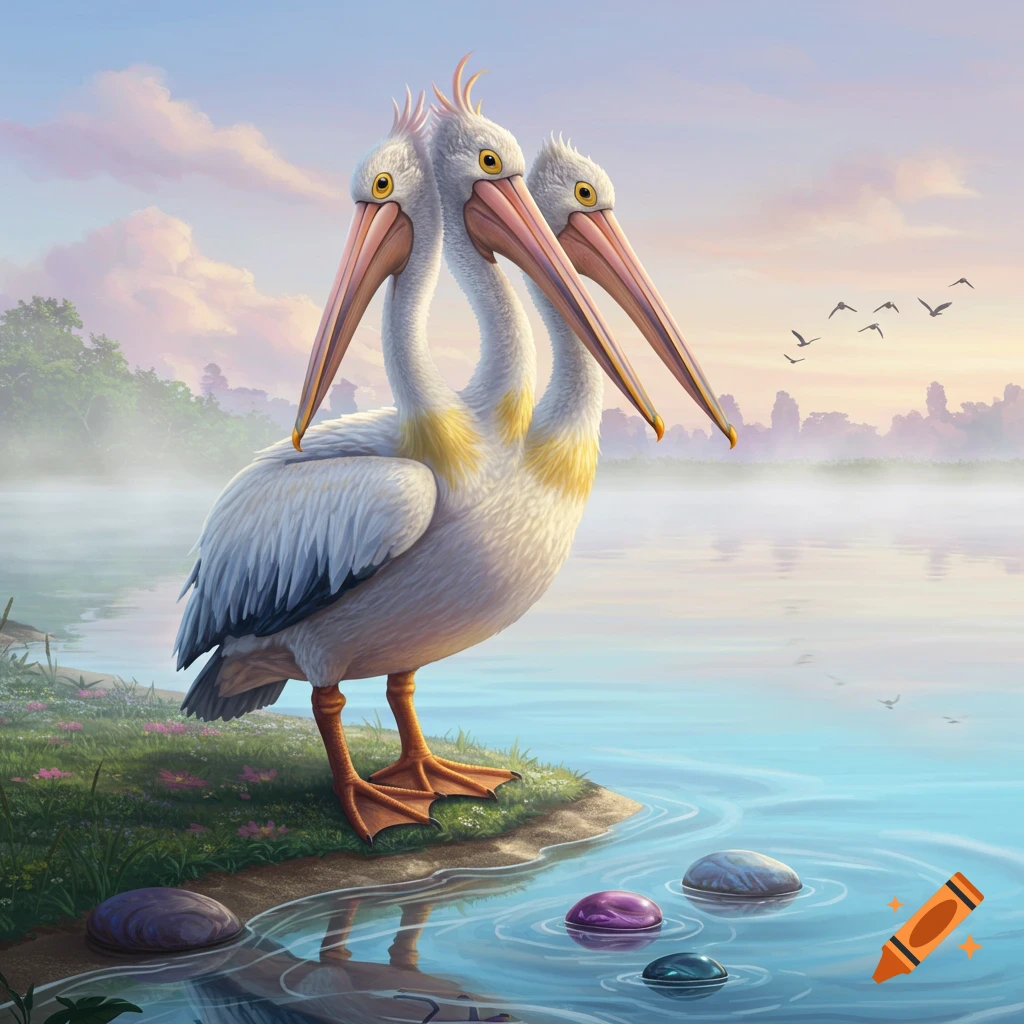 An illustrative three-headed pelican stands on a grassy lake shore with colorful pebbles in the water at sunrise.