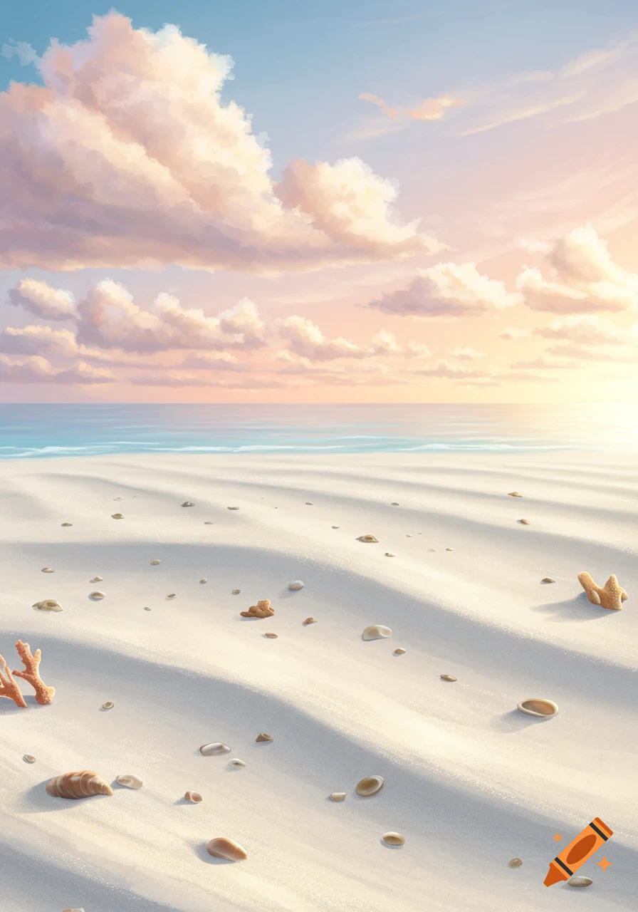 Stylized illustration of a white sand beach with ocean, scattered shells, and a sunset sky.