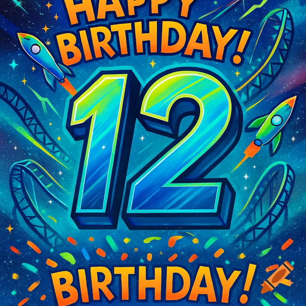 A vibrant blue and orange birthday card with the large number 12, text "HAPPY BIRTHDAY!", rockets, and rollercoaster tracks against a starry background.