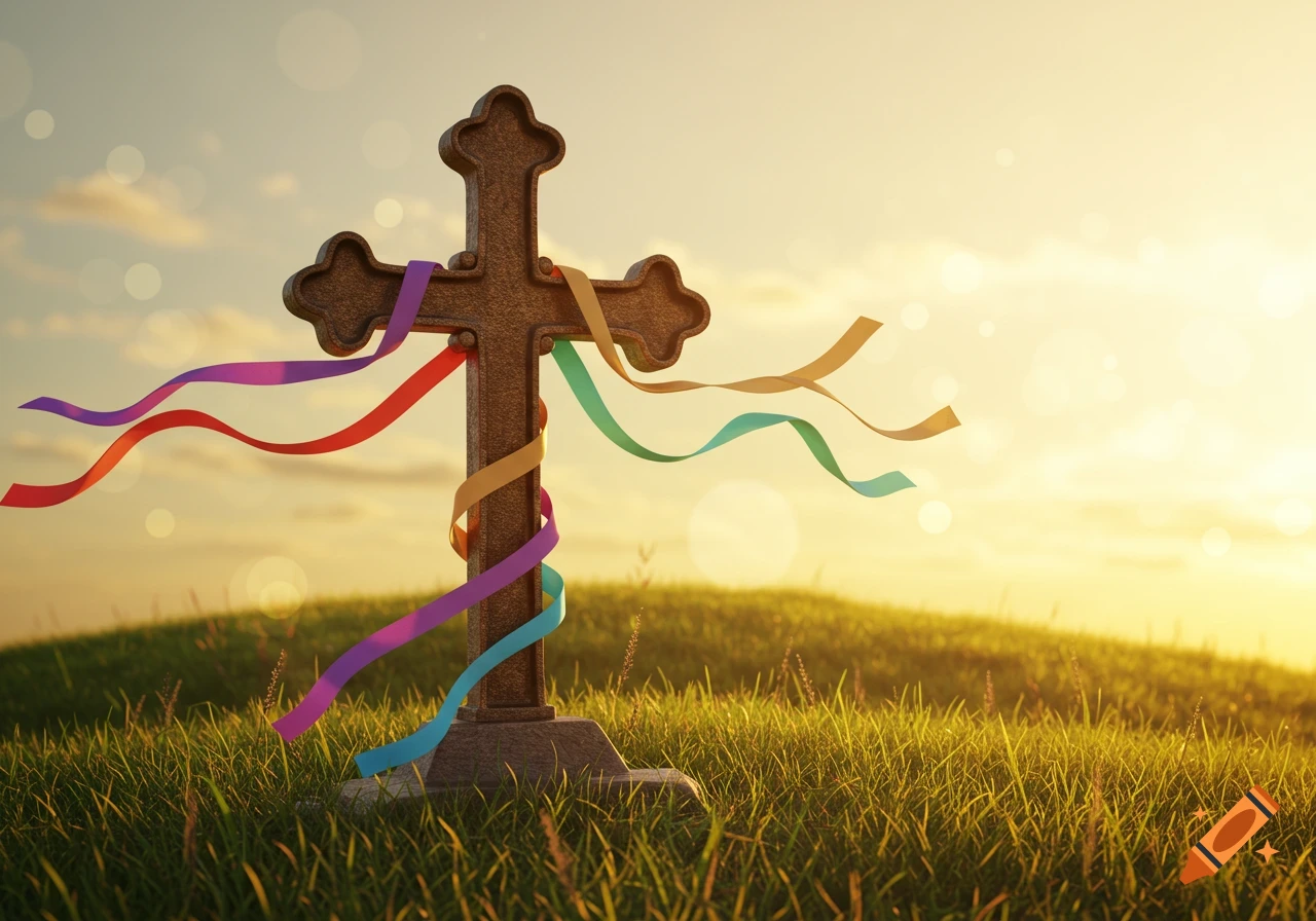 A stone cross adorned with colorful ribbons stands in a sunny grassy field at sunrise, with a warm golden sky.