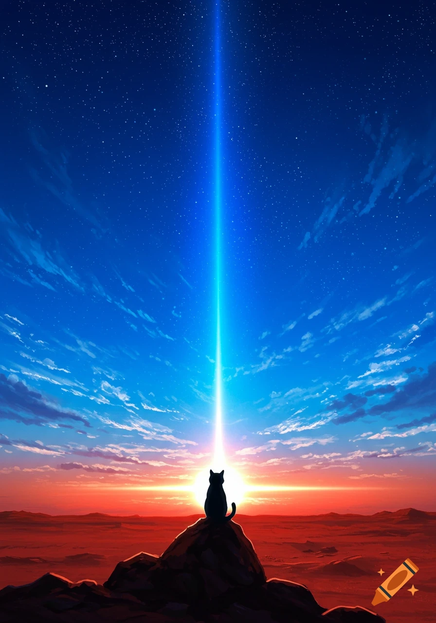 A black cat silhouette on a rocky hill watches a vibrant blue and orange sunset with a light beam over a red Martian landscape.