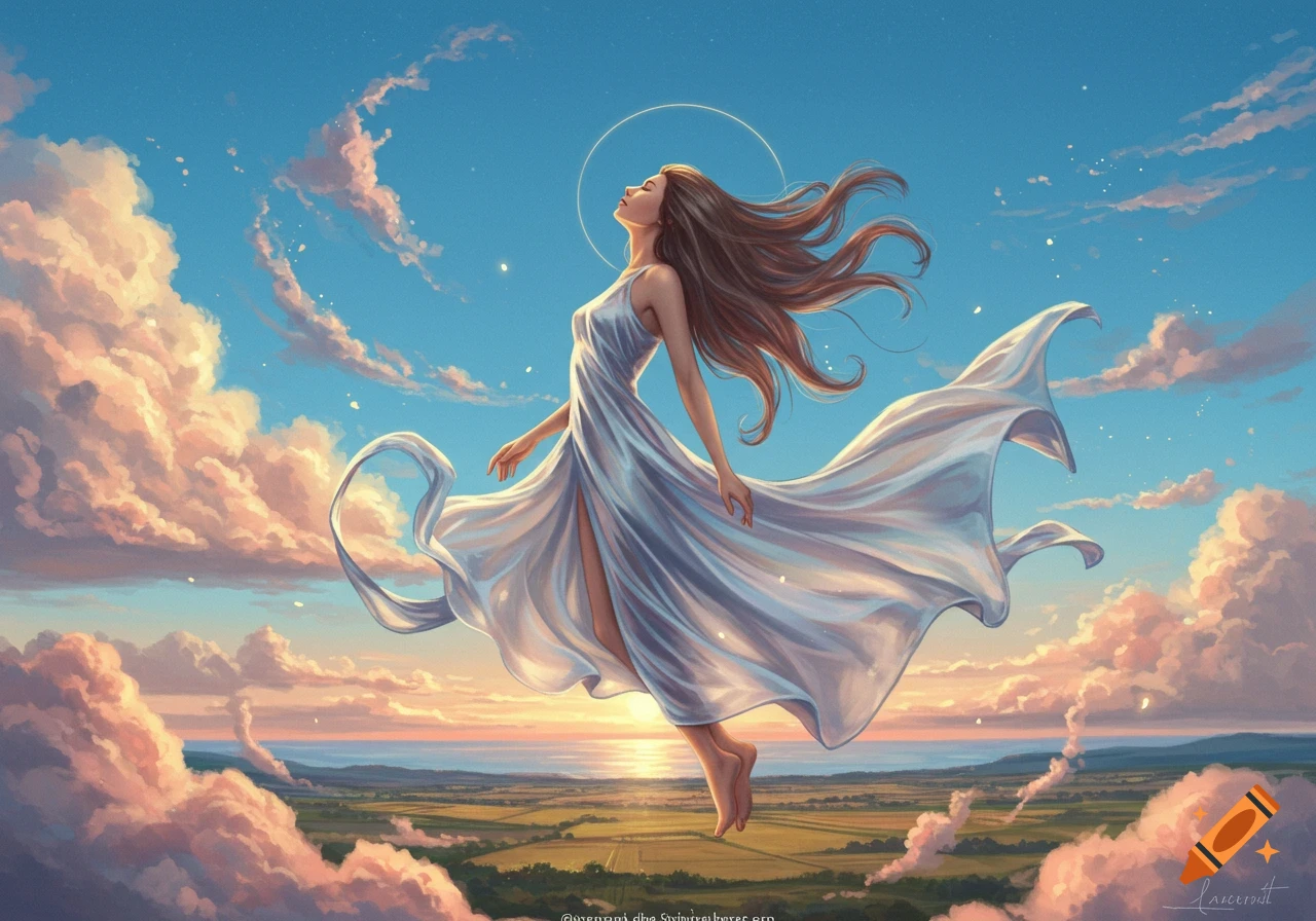 A woman in a flowing white dress floats gracefully in a vibrant, cloudy sky above a serene landscape at sunset.