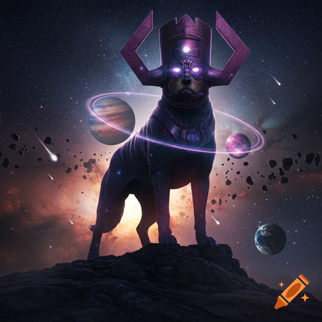 A powerful dog in a glowing purple Galactus helmet stands on a dark rock in space, surrounded by planets and stars.