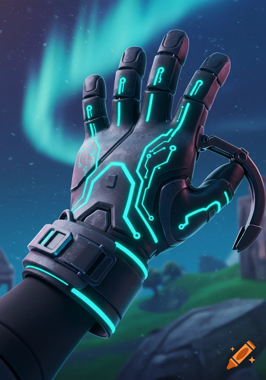 A futuristic Fortnite-style grapple glove, dark gray with glowing blue circuits, set against a night sky with a green aurora.