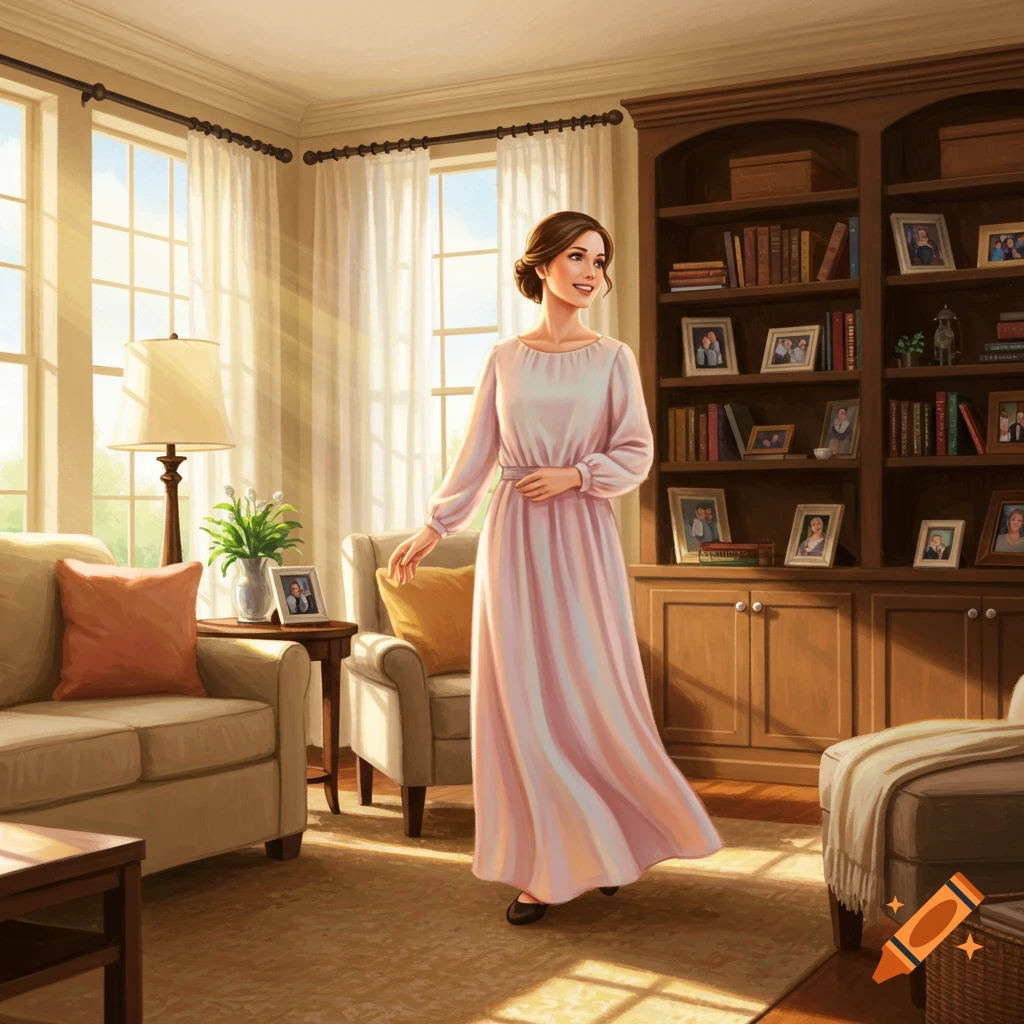 A woman in a light pink dress stands in a sunny living room with a couch, bookshelves, and large windows.