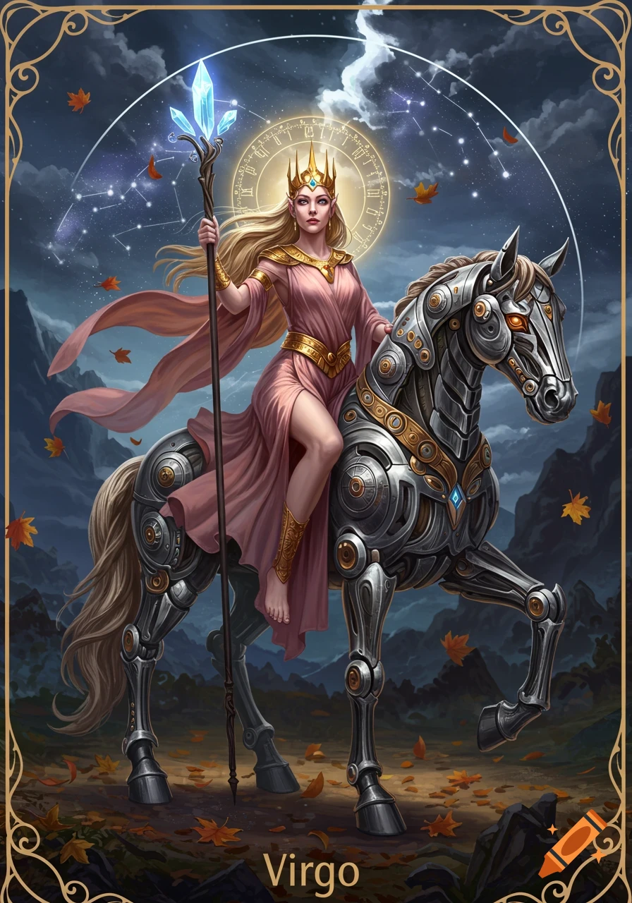 A golden-haired woman in a pink gown and crown rides a majestic steampunk horse, holding a crystal staff, against a starry night sky with autumn leaves.