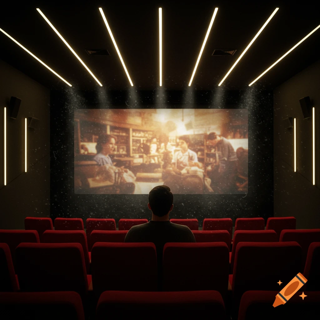 A person sits alone in a dark movie theater with red seats, watching a grainy, old film on the large screen.