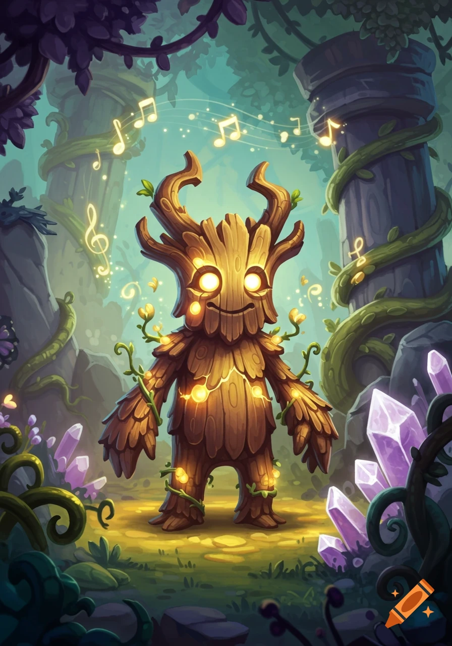A cute, glowing wooden tree creature with a smiling face, surrounded by musical notes and magical crystals in a vibrant forest.