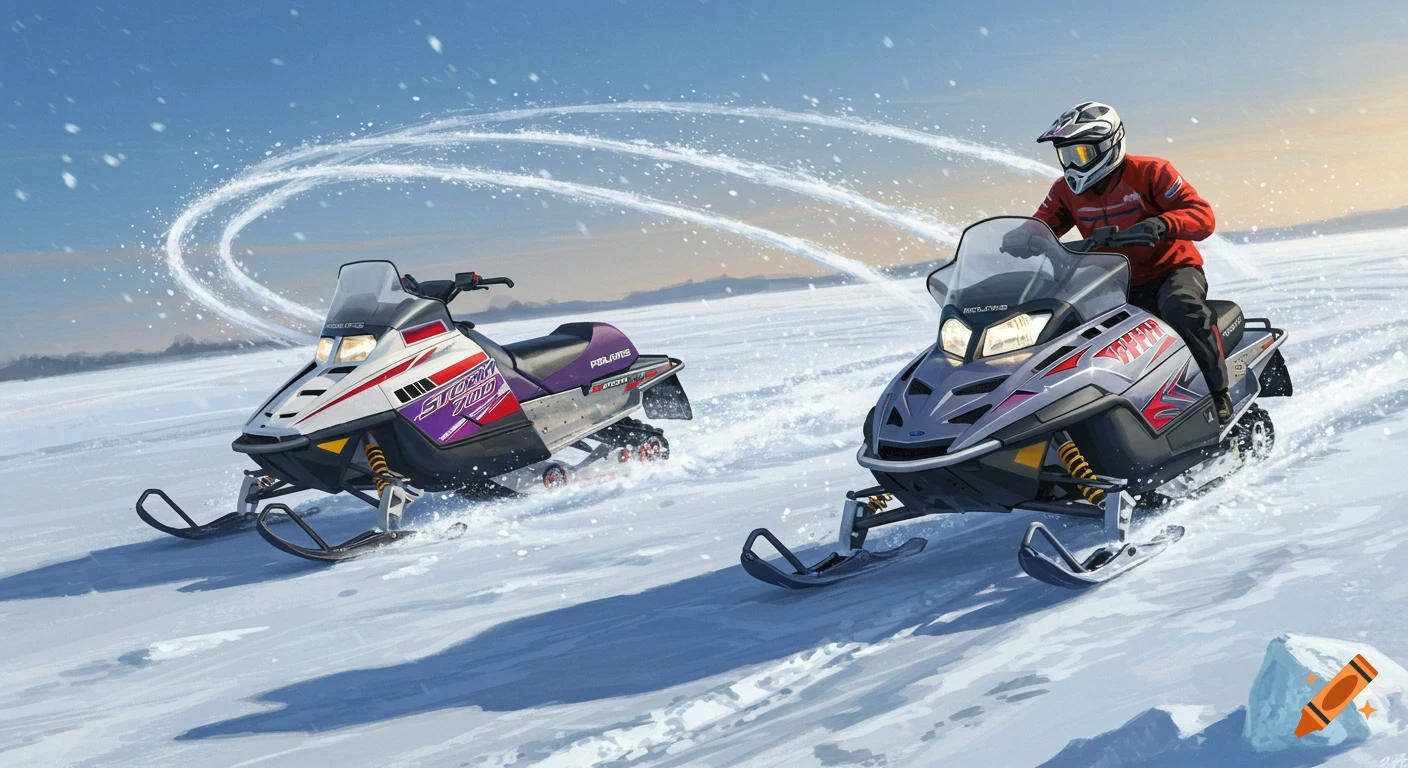 Two snowmobiles on a snowy plain, one a 1993 Polaris Storm 700, the other newer with a rider, kicking up snow under a blue sky.